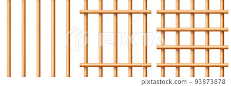 Realistic wooden lattice, rural picket fence. Farm or village house boundary, garden enclosing planks. Detailed wooden jail cage. Criminal background mockup. Creative vector illustration 93873878
