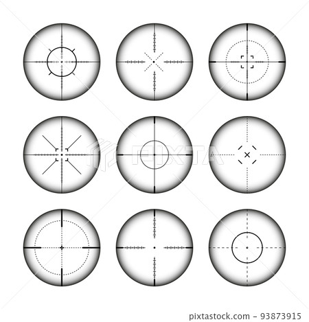 Various weapon sights, sniper rifle optical scopes. Hunting gun viewfinder with crosshair. Aim, shooting mark symbol. Military target sign, silhouette. Game interface UI element. Vector illustration Various weapon sights, sniper rifle optical scopes. Hunting gun viewfinder with crosshair. Aim, shooting mark symbol. Military target sign, silhouette. Game interface UI element. Vector illustration 93873915