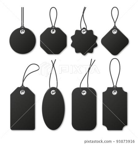 Realistic black price tags collection. Special offer or shopping discount label. Retail paper sticker. Promotional sale badge. Vector illustration. Realistic black price tags collection. Special offer or shopping discount label. Retail paper sticker. Promotional sale badge. Vector illustration. 93873916
