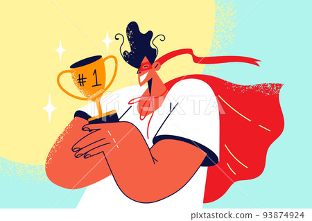 Smiling man holding golden prize 93874924