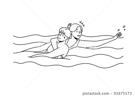 Woman saving man drowning in water Woman saving man drowning in water 93875573