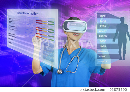 Female doctor wearing 3D virtual reality glasses working on virtual reality system. 93875590