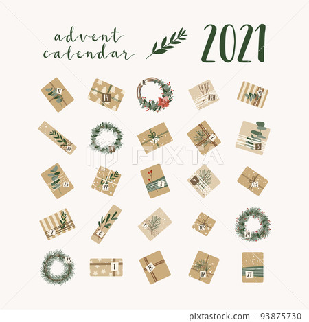 Advent calendar. Christmas presents in kraft paper and wreaths. Rustic gift box. Eco decoration. New Year and Xmas celebration preparation. Vector flat cartoon style Advent calendar. Christmas presents in kraft paper and wreaths. Rustic gift box. Eco decoration. New Year and Xmas celebration preparation. Vector flat cartoon style 93875730