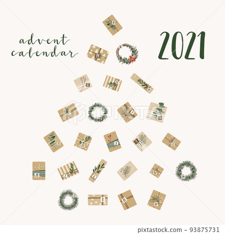 Advent calendar. Christmas presents in kraft paper and wreaths. Rustic gift box. Eco decoration. New Year and Xmas celebration preparation. Vector flat cartoon style Advent calendar. Christmas presents in kraft paper and wreaths. Rustic gift box. Eco decoration. New Year and Xmas celebration preparation. Vector flat cartoon style 93875731