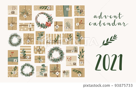 Advent calendar. Christmas presents in kraft paper and wreaths. Rustic gift box. Eco decoration. New Year and Xmas celebration preparation. Vector flat cartoon style Advent calendar. Christmas presents in kraft paper and wreaths. Rustic gift box. Eco decoration. New Year and Xmas celebration preparation. Vector flat cartoon style 93875733