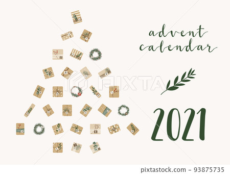Advent calendar. Christmas presents in kraft paper and wreaths. Rustic gift box. Eco decoration. New Year and Xmas celebration preparation. Vector flat cartoon style Advent calendar. Christmas presents in kraft paper and wreaths. Rustic gift box. Eco decoration. New Year and Xmas celebration preparation. Vector flat cartoon style 93875735