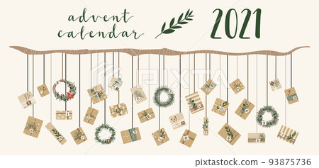 Advent calendar. Christmas presents in kraft paper and wreaths. Rustic gift box. Eco decoration. New Year and Xmas celebration preparation. Vector flat cartoon style 93875736