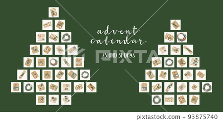 Advent calendar. Christmas presents in kraft paper and wreaths. Rustic gift box. Eco decoration. New Year and Xmas celebration preparation. Vector flat cartoon style Advent calendar. Christmas presents in kraft paper and wreaths. Rustic gift box. Eco decoration. New Year and Xmas celebration preparation. Vector flat cartoon style 93875740
