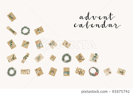 Advent calendar. Christmas presents in kraft paper and wreaths. Rustic gift box. Eco decoration. New Year and Xmas celebration preparation. Vector flat cartoon style Advent calendar. Christmas presents in kraft paper and wreaths. Rustic gift box. Eco decoration. New Year and Xmas celebration preparation. Vector flat cartoon style 93875742