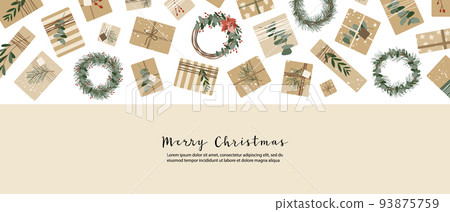 Christmas presents in kraft paper, wreaths. Rustic craft gift box. Eco decoration, eucalyptus, spruce. Xmas and New Year celebration. Vector flat cartoon illustration, winter banner, card, flyer Christmas presents in kraft paper, wreaths. Rustic craft gift box. Eco decoration, eucalyptus, spruce. Xmas and New Year celebration. Vector flat cartoon illustration, winter banner, card, flyer 93875759