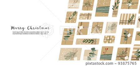 Christmas presents in kraft paper, wreaths. Rustic craft gift box. Eco decoration, eucalyptus, spruce. Xmas and New Year celebration. Vector flat cartoon illustration, winter banner, card, flyer Christmas presents in kraft paper, wreaths. Rustic craft gift box. Eco decoration, eucalyptus, spruce. Xmas and New Year celebration. Vector flat cartoon illustration, winter banner, card, flyer 93875765