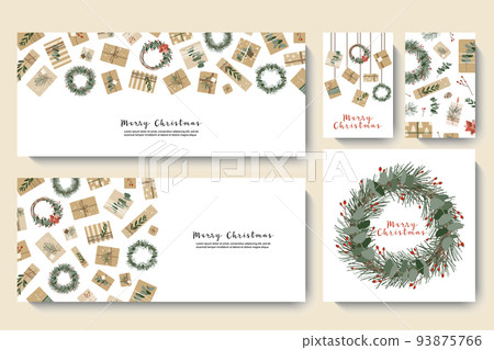 Christmas presents in kraft paper, wreaths. Rustic craft gift box. Eco decoration, eucalyptus, spruce. Xmas and New Year celebration. Vector flat cartoon illustration, winter banner, card, flyer Christmas presents in kraft paper, wreaths. Rustic craft gift box. Eco decoration, eucalyptus, spruce. Xmas and New Year celebration. Vector flat cartoon illustration, winter banner, card, flyer 93875766