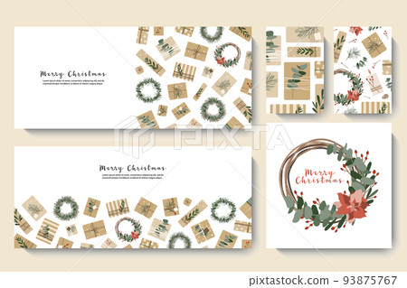 Christmas presents in kraft paper, wreaths. Rustic craft gift box. Eco decoration, eucalyptus, spruce. Xmas and New Year celebration. Vector flat cartoon illustration, winter banner, card, flyer 93875767