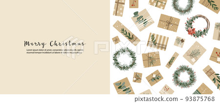 Christmas presents in kraft paper, wreaths. Rustic craft gift box. Eco decoration, eucalyptus, spruce. Xmas and New Year celebration. Vector flat cartoon illustration, winter banner, card, flyer Christmas presents in kraft paper, wreaths. Rustic craft gift box. Eco decoration, eucalyptus, spruce. Xmas and New Year celebration. Vector flat cartoon illustration, winter banner, card, flyer 93875768