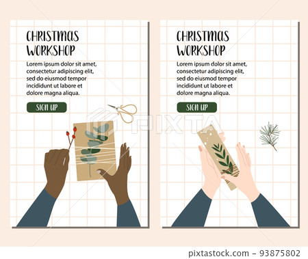 Woman packing a christmas gift, holiday workshop. Eco decoration. Presents in kraft paper. Rustic gift box. Xmas and New Year celebration preparation. Vector flat cartoon style, horizontal flyer 93875802