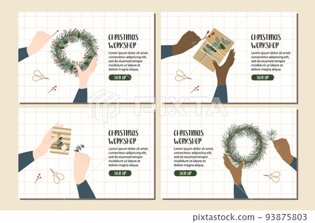 Woman packing a christmas gift, holiday workshop. Eco decoration. Presents in kraft paper. Rustic gift box. Xmas and New Year celebration preparation. Vector flat cartoon style, horizontal flyer 93875803