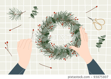 Woman packing a christmas gift, holiday workshop. Eco decoration. Presents in kraft paper. Rustic gift box. Xmas and New Year celebration preparation. Vector flat cartoon style, horizontal flyer 93875807
