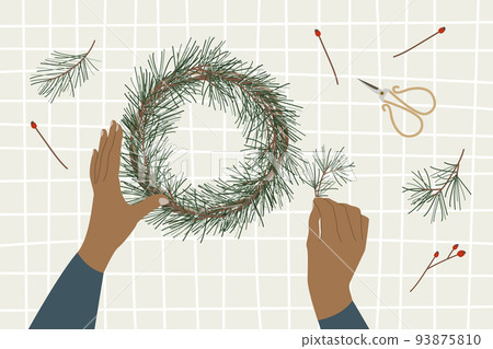 Woman packing a christmas gift, holiday workshop. Eco decoration. Presents in kraft paper. Rustic gift box. Xmas and New Year celebration preparation. Vector flat cartoon style, horizontal flyer 93875810