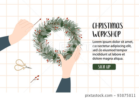 Woman packing a christmas gift, holiday workshop. Eco decoration. Presents in kraft paper. Rustic gift box. Xmas and New Year celebration preparation. Vector flat cartoon style, horizontal flyer 93875811