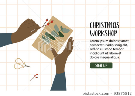 Woman packing a christmas gift, holiday workshop. Eco decoration. Presents in kraft paper. Rustic gift box. Xmas and New Year celebration preparation. Vector flat cartoon style, horizontal flyer 93875812