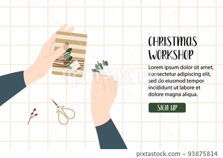 Woman packing a christmas gift, holiday workshop. Eco decoration. Presents in kraft paper. Rustic gift box. Xmas and New Year celebration preparation. Vector flat cartoon style, horizontal flyer Woman packing a christmas gift, holiday workshop. Eco decoration. Presents in kraft paper. Rustic gift box. Xmas and New Year celebration preparation. Vector flat cartoon style, horizontal flyer 93875814