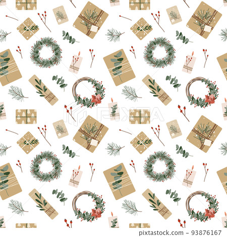 Christmas presents in kraft paper with twine ribbon and wreaths. Rustic gift box. Eco decoration, eucalyptus and spruce. Xmas and New Year celebration preparation. Vector flat seamless pattern Christmas presents in kraft paper with twine ribbon and wreaths. Rustic gift box. Eco decoration, eucalyptus and spruce. Xmas and New Year celebration preparation. Vector flat seamless pattern 93876167