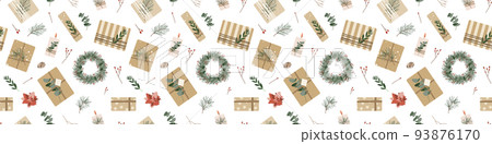 Christmas presents in kraft paper with twine ribbon and wreaths. Rustic gift box. Eco decoration, eucalyptus and spruce. Xmas and New Year celebration preparation. Vector flat seamless pattern 93876170