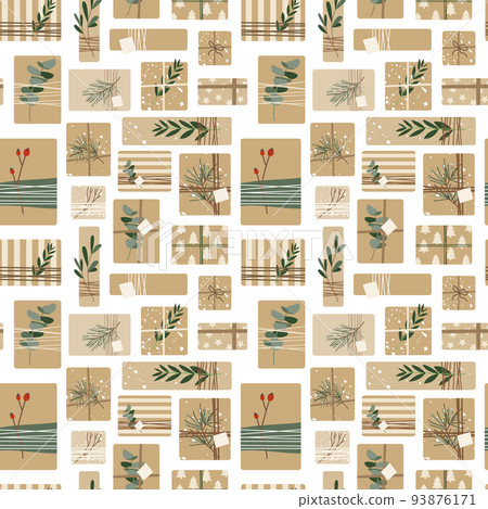 Christmas presents in kraft paper with twine ribbon and wreaths. Rustic gift box. Eco decoration, eucalyptus and spruce. Xmas and New Year celebration preparation. Vector flat seamless pattern 93876171