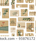 Christmas presents in kraft paper with twine ribbon and wreaths. Rustic gift box. Eco decoration, eucalyptus and spruce. Xmas and New Year celebration preparation. Vector flat seamless pattern 93876172