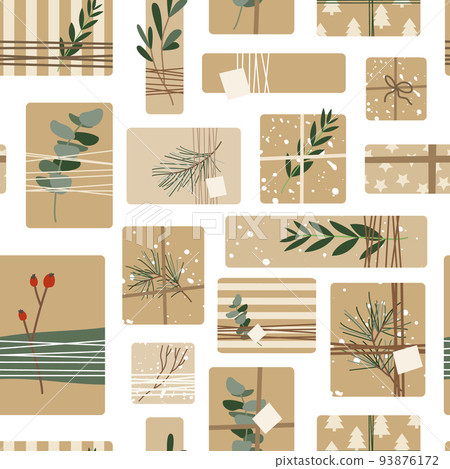 Christmas presents in kraft paper with twine ribbon and wreaths. Rustic gift box. Eco decoration, eucalyptus and spruce. Xmas and New Year celebration preparation. Vector flat seamless pattern 93876172