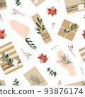 Christmas presents in kraft paper with twine ribbon and wreaths. Rustic gift box. Eco decoration, eucalyptus and spruce. Xmas and New Year celebration preparation. Vector flat seamless pattern 93876174