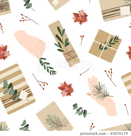 Christmas presents in kraft paper with twine ribbon and wreaths. Rustic gift box. Eco decoration, eucalyptus and spruce. Xmas and New Year celebration preparation. Vector flat seamless pattern 93876174