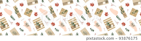 Christmas presents in kraft paper with twine ribbon and wreaths. Rustic gift box. Eco decoration, eucalyptus and spruce. Xmas and New Year celebration preparation. Vector flat seamless pattern 93876175