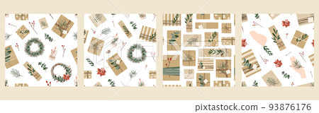 Christmas presents in kraft paper with twine ribbon and wreaths. Rustic gift box. Eco decoration, eucalyptus and spruce. Xmas and New Year celebration preparation. Vector flat seamless pattern 93876176