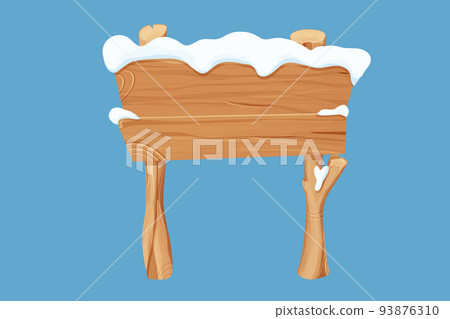 Old wooden blank, signboard with snow in cartoon style.Empty frame, direction plank isolated on white background. Season decoration 93876310