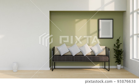 Modern cozy minimal living room interior design with modern sofa and frame mockup on green wall. 93876638