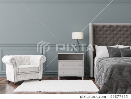 Empty wall in modern bedroom. Mock up interior in classic style. Copy space for your picture, poster. Template for artwork. Bed, armchair, carpet, wall molding. 3D rendering. 93877555