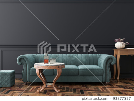 Empty black wall in modern living room. Mock up interior in classic style. Copy space for your picture, poster. Template for artwork. Blue velvet sofa, parquet floor, wall molding. 3D rendering. 93877557