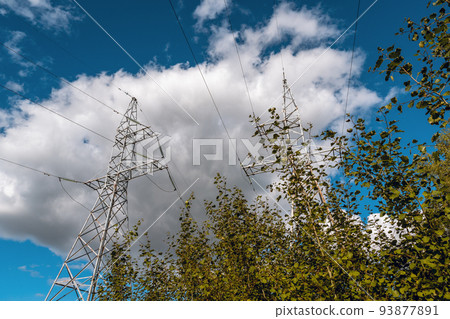 Electricity post high power at low angle view Electricity post high power at low angle view 93877891