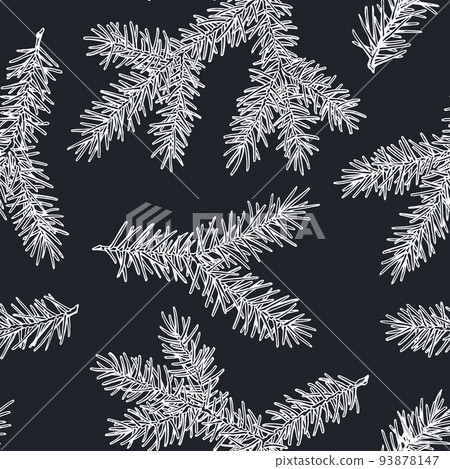 Mysterious forest seamless pattern background design. Engraved style. Hand drawn spruce branch. Mysterious forest seamless pattern background design. Engraved style. Hand drawn spruce branch. 93878147