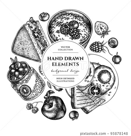 Breakfast circle design. Hand drawn sandwich, bowl with avocado, porridge with berries, chia pudding, fried eggs, raspberry, blueberry, strawberry, apples. Breakfast circle design. Hand drawn sandwich, bowl with avocado, porridge with berries, chia pudding, fried eggs, raspberry, blueberry, strawberry, apples. 93878148
