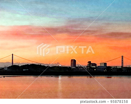Morning glow before dawn "Water surface of the reservoir" and "Akashi Kaikyo Bridge" Watercolor style 93878158
