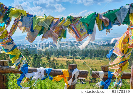 Traditional Buddhist prayer flags in the Rinpoche Bagsha datsan in Ulan-Ude city of the Republic of Buryatia, Russia. Traditional Buddhist prayer flags in the Rinpoche Bagsha datsan in Ulan-Ude city of the Republic of Buryatia, Russia. 93878389