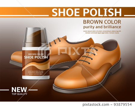 Realistic shoe care poster. Footwear polish cream, brown leather male classic boots with lacing, 3d repair product, product presentation, marketing promotional, utter vector concept Realistic shoe care poster. Footwear polish cream, brown leather male classic boots with lacing, 3d repair product, product presentation, marketing promotional, utter vector concept 93879554