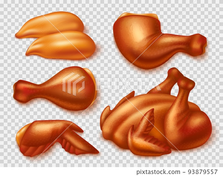 Realistic fried chicken. Cooked poultry with browned crust, roasted turkey, whole carcass and parts, barbecue and grill delicious legs, wings and breast, 3d elements utter vector set Realistic fried chicken. Cooked poultry with browned crust, roasted turkey, whole carcass and parts, barbecue and grill delicious legs, wings and breast, 3d elements utter vector set 93879557
