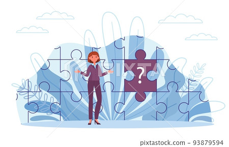 Incompleteness of picture, missing part, question sign. Woman collects puzzle, unsolved problem, find lost element to complete, unfinished work. Vector cartoon flat business concept Incompleteness of picture, missing part, question sign. Woman collects puzzle, unsolved problem, find lost element to complete, unfinished work. Vector cartoon flat business concept 93879594