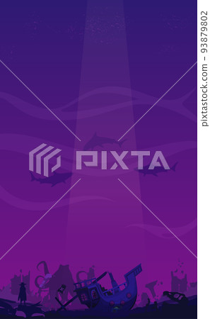 Underwater scenery and fishes with sunken pirate ship wreck with sea ruins, pirate ghost, dark water, treasure chest and skull 93879802