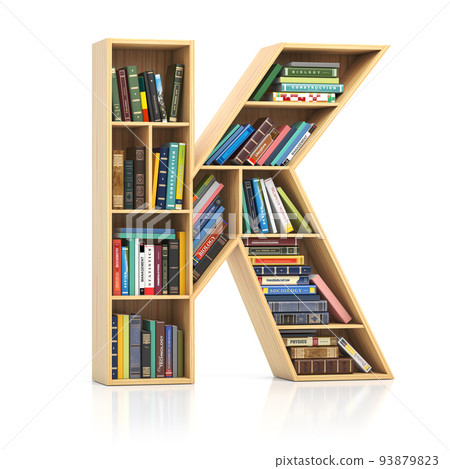 Letter K in form of bookshelf with book and texbooks. Educational and learning conceptual font and alphabet. Letter K in form of bookshelf with book and texbooks. Educational and learning conceptual font and alphabet. 93879823
