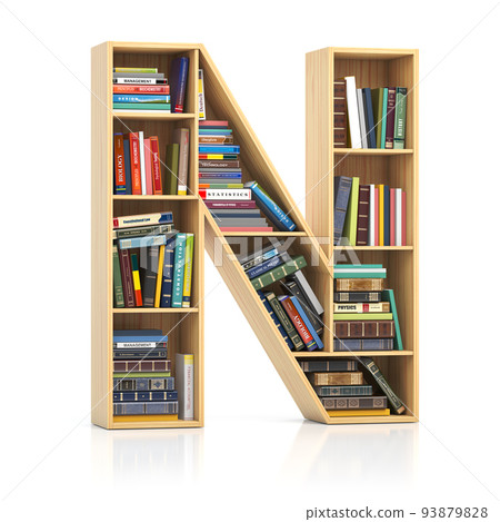 Letter N in form of bookshelf with book and texbooks. Educational and learning conceptual font and alphabet. 93879828