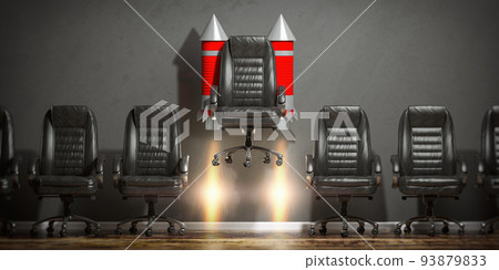 Flying office chair with burning rocket in a row. Leadership, recruiting and career opportunities concept. Flying office chair with burning rocket in a row. Leadership, recruiting and career opportunities concept. 93879833